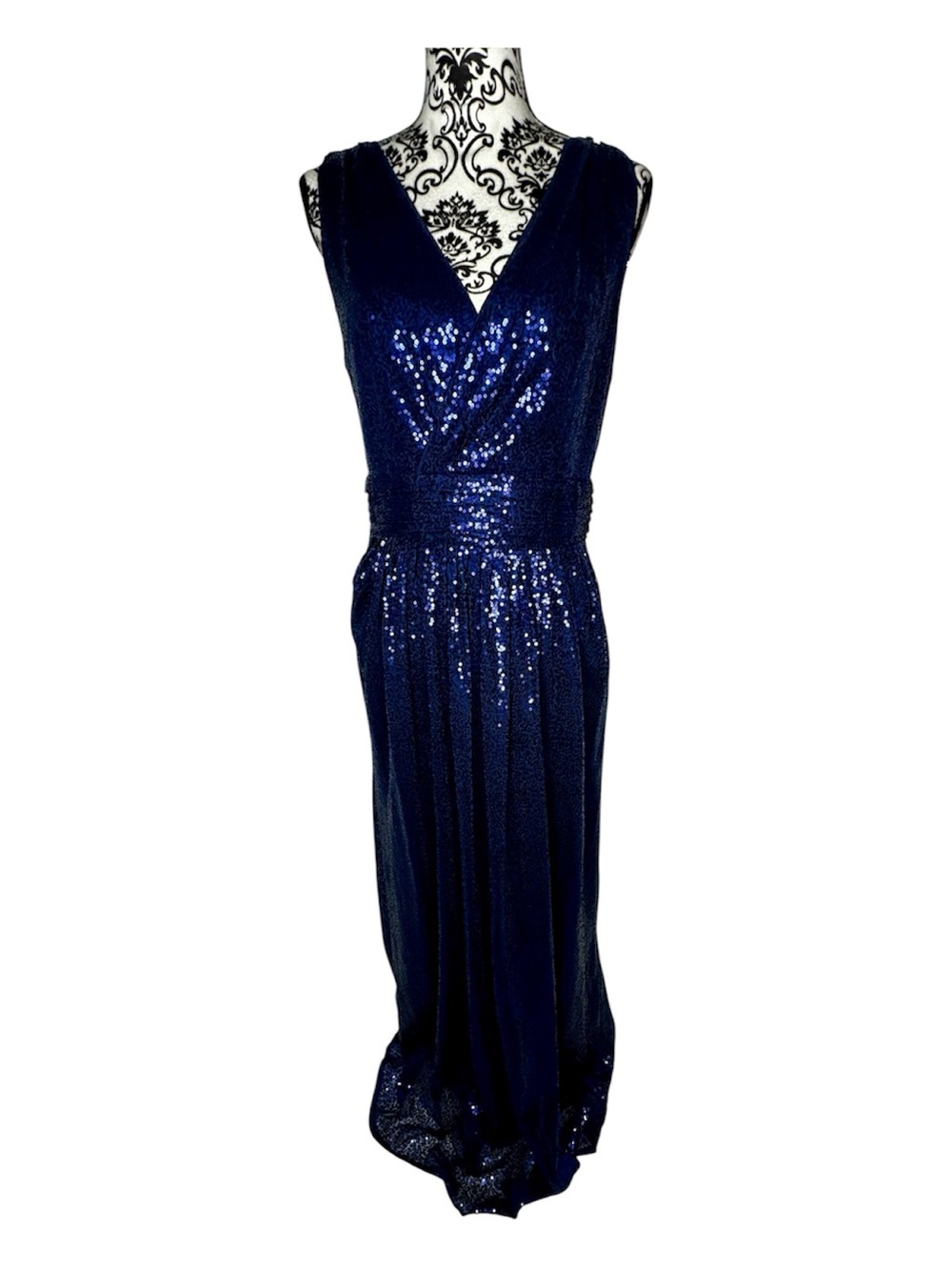 Kate Kasin Navy Sequin V-Neck Evening Gown Size 10
